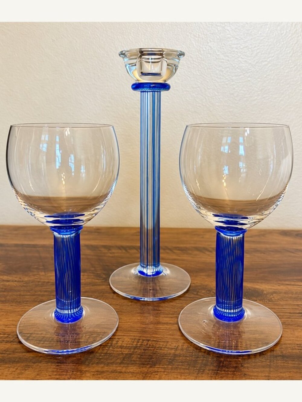 Kosta Boda Filippa Kjell Engman Blue Stem Goblets & Candlestick 3 Pc Set
